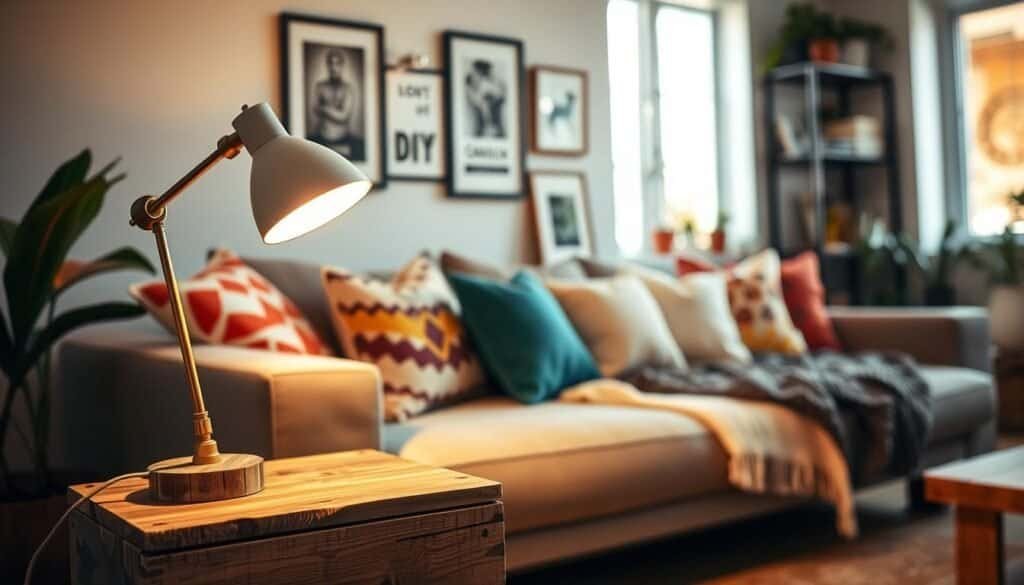 A cozy living room featuring an affordable lighting makeover. In the foreground, a stylish lamp with a warm glow sits atop a rustic wooden side table, casting soft shadows. In the middle, a comfortable couch adorned with colorful throw pillows and a knitted blanket showcases a budget-friendly décor approach. The background includes a wall with DIY framed art and a shelf filled with plants and decorative items. Natural light streams in through a large window, enhancing the inviting atmosphere. Capture the scene with a soft focus lens, emphasizing the warmth of the lighting and the inviting ambiance, creating a sense of tranquility and charm.