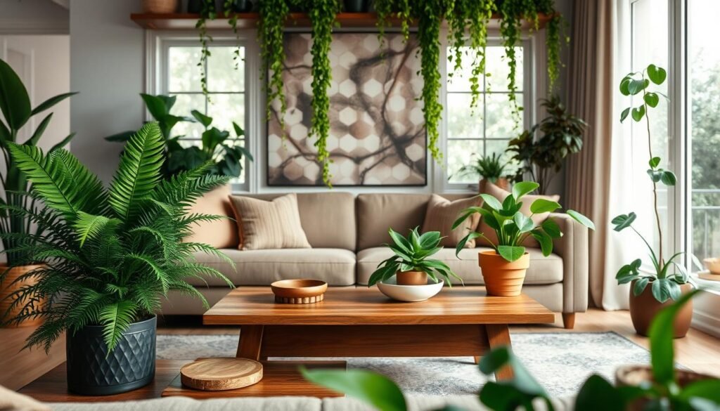 A cozy living room featuring an array of lush indoor plants harmoniously arranged on a warm wood accent table. In the foreground, a vibrant potted fern and a striking rubber plant catch the eye, while trailing vines gracefully cascade from a shelf above. The middle ground showcases a beautiful wooden coffee table with thoughtful décor elements like natural wood coasters and a decorative bowl. In the background, soft, natural light streams through large windows, illuminating the room and creating a serene atmosphere. The scene is captured from a slightly elevated angle to provide depth, highlighting the contrast between greenery and wood. The mood is calm and inviting, ideal for fostering a sense of connection to nature indoors.