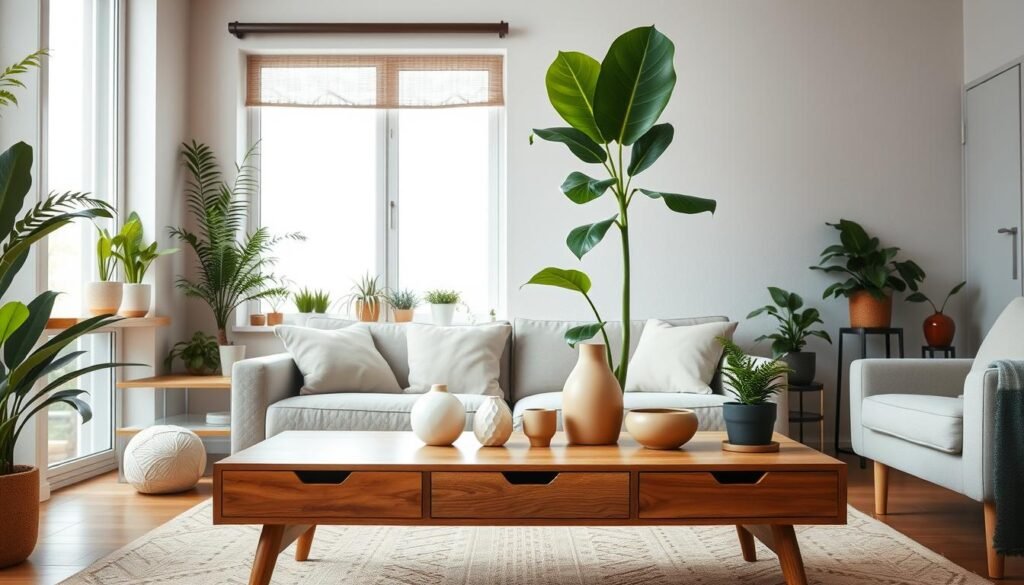 A cozy living room featuring an inviting indoor plant display, highlighting various types of greenery like ferns, succulents, and a tall fiddle leaf fig, arranged artistically on a modern wooden shelf. In the foreground, a mid-century modern coffee table holds a set of minimalist decorative items, with a natural wood finish that complements the plants. The middle ground showcases a plush sofa with soft, neutral-toned cushions, and a large window allowing warm, diffused natural light to flood the space, enhancing the fresh and vibrant colors of the plants. The background contains a subtle textured wall and a few more pot plants on a side table, creating a serene, rejuvenating atmosphere perfect for relaxation. The scene is captured using a wide-angle lens, with a soft focus on the corners to emphasize the tranquility of the space.