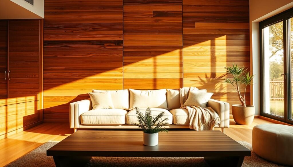 A cozy living room featuring beautifully crafted wood paneling on the walls, highlighting a variety of textures from refined oak to rustic cedar. The foreground shows a sleek, minimalist coffee table with a small green plant, adding a touch of nature. In the middle, a plush sofa upholstered in soft, neutral tones creates a welcoming space, complemented by a cozy throw blanket. The background showcases large windows allowing warm, golden sunlight to fill the room, enhancing the wood's rich hues and creating inviting shadows. The atmosphere is serene and inviting, making the space feel both modern and timeless. The image captures the beauty of wood wall treatments, showcasing their ability to add instant character to any living area. No overlays or text are present.