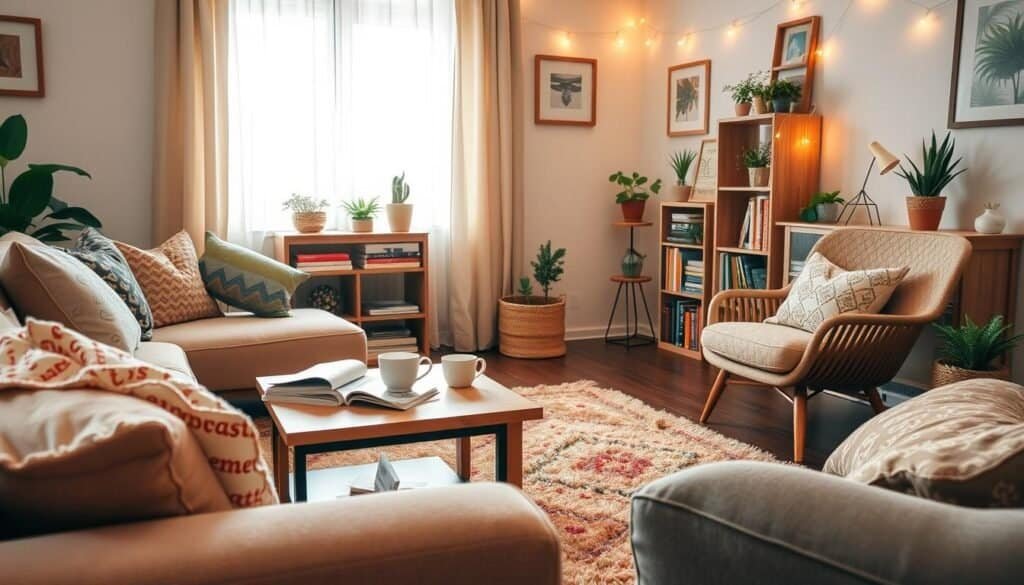 A cozy living room featuring budget-friendly home decor ideas. In the foreground, a soft, plush area rug in warm earth tones complements a comfortable sofa adorned with various patterned cushions. A wooden coffee table holds a stack of magazines and a steaming cup of tea. In the middle section, a cozy armchair sits next to a small bookshelf, filled with colorful books and small indoor plants for a touch of greenery. The background shows a window with sheer curtains, allowing soft, natural light to filter in, creating a warm atmosphere. The walls are decorated with framed artwork and cozy accents like fairy lights. The overall ambiance is inviting, warm, and reminiscent of a relaxing retreat, perfect for illustrating an article on affordable, cheerful home decor ideas.