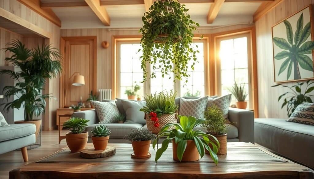 A cozy living room featuring natural decor with an emphasis on plant-based elements. In the foreground, a rustic wooden coffee table adorned with a variety of indoor plants in terracotta pots and simple wooden coasters. The middle ground showcases a leafy hanging plant draping softly from the ceiling, paired with a handmade woven basket filled with greenery. In the background, large windows allow warm, soft sunlight to filter in, bathing the room in a golden glow. The walls feature light wood accents and a large, striking piece of nature-inspired wall art. The overall mood is inviting and fresh, exuding tranquility and simplicity, perfect for a home retreat. Use a wide-angle lens to capture the entire scene, emphasizing the harmony between nature and decor.