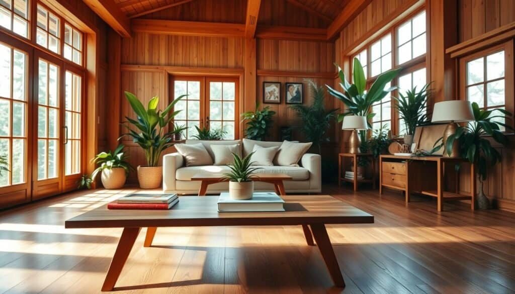 A cozy living room featuring natural wood details, highlighting elegant wooden beams along the ceiling and a beautifully polished wood floor. In the foreground, a stylish wooden coffee table adorned with a small potted plant and a few thoughtfully arranged books. The middle ground includes a comfortable sofa with soft, earthy-toned cushions and a rich wood side table holding a stylish lamp. The background showcases large windows allowing warm, natural light to flood the room, casting soft shadows. Lush indoor plants add a touch of greenery, enhancing the inviting atmosphere. The overall mood is warm and serene, capturing the essence of a harmonious and balanced living space. The image should be bright and well-lit, as if shot with a wide-angle lens, to encompass the entire room and create an inviting ambiance.