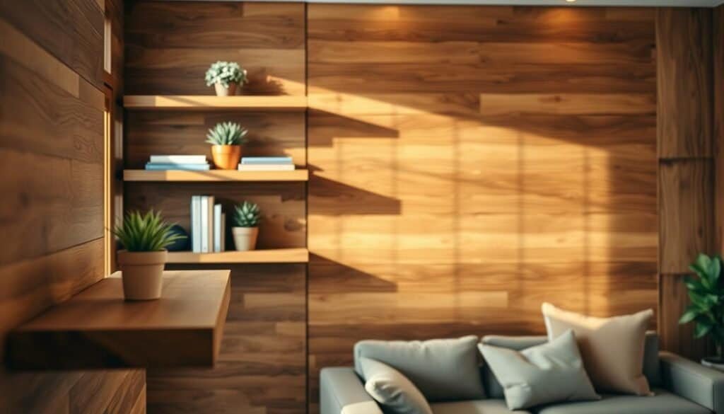 A cozy living room featuring rich, textured wooden wall elements, such as rustic paneling and elegant floating shelves. In the foreground, soft natural lighting illuminates a wooden shelf adorned with carefully arranged decorative items like potted plants and books. The middle layer showcases the intricate grain of the wood paneling, adding depth and warmth to the space. In the background, a comfortable seating area with plush cushions invites relaxation. The atmosphere is inviting and serene, with a warm color palette dominated by browns and soft earth tones. The image is captured with a slight depth of field, focusing on the wall features while maintaining a soft blur on the background, creating an intimate and homely ambiance.