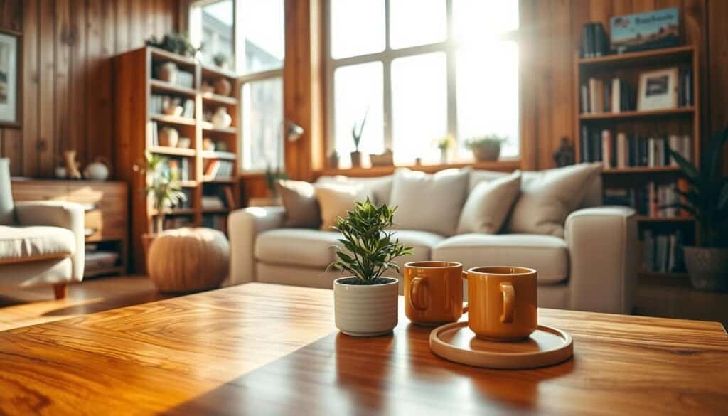 A cozy living room featuring rich wooden accents, showcasing a blend of warm tones and inviting textures. In the foreground, a polished wooden coffee table adorned with a small potted plant and a couple of coffee mugs. The middle ground includes a plush, light-colored sofa with soft throw pillows, accented by a wooden bookshelf filled with books and decorative items. In the background, large windows allow natural light to stream in, illuminating the space and casting gentle shadows. The walls are adorned with wooden paneling, enhancing the warm ambiance. The overall mood is inviting, serene, and stylish, perfect for a relaxing family gathering or intimate conversation. The image is captured with a soft focus lens to create a comforting and welcoming atmosphere.