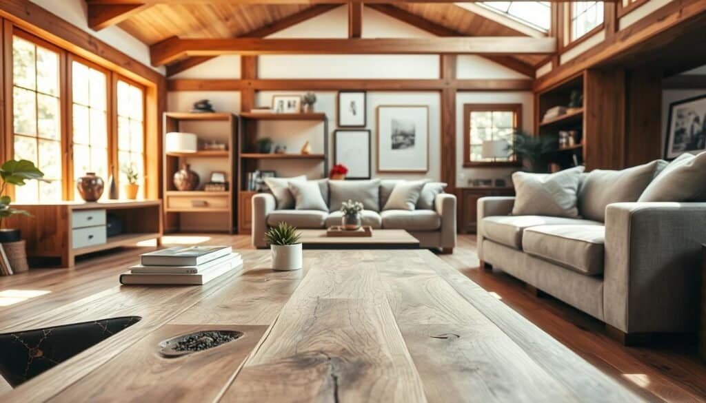 A cozy living room featuring stunning natural wood details that enhance its decor. In the foreground, a stylish coffee table made of reclaimed wood with a rich texture, adorned with a small plant and a few books. The middle ground showcases a plush sofa with neutral cushions, accentuated by wooden shelving displaying decorative items and framed artwork. In the background, large windows allow soft, warm sunlight to flood the room, highlighting the grain of the wooden floor and beams overhead. The atmosphere is inviting and warm, with soft shadows creating depth. The composition is shot from a slightly elevated angle, emphasizing the harmony of natural materials and modern design.