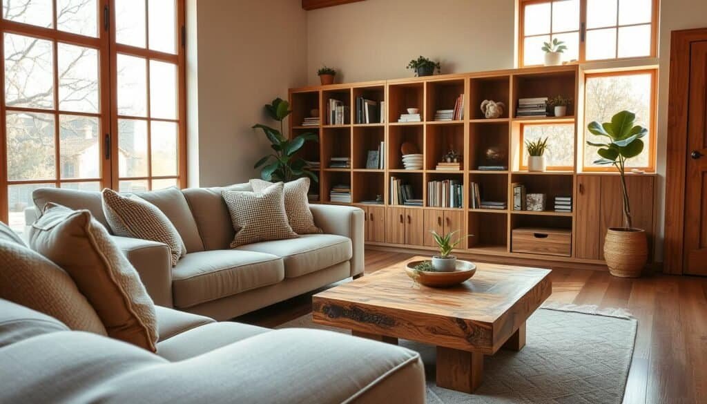 A cozy living room featuring warm wood accents, designed for an inviting atmosphere. In the foreground, a plush beige sofa adorned with soft, textured cushions sits opposite a rustic wooden coffee table, crafted from reclaimed wood. The middle ground showcases a stylish bookshelf made of natural oak, filled with neatly arranged books and decorative plants. In the background, large windows allow soft, golden sunlight to filter in, highlighting the rich, grainy textures of the wooden elements. A subtle indoor plant, such as a fiddle leaf fig, leans near the windows, enhancing the warmth of the space. The overall mood is serene and stylish, emphasizing comfort achieved through thoughtful wood accents. Use natural lighting to create a soft, inviting ambiance, captured at eye level with a wide-angle lens for depth.