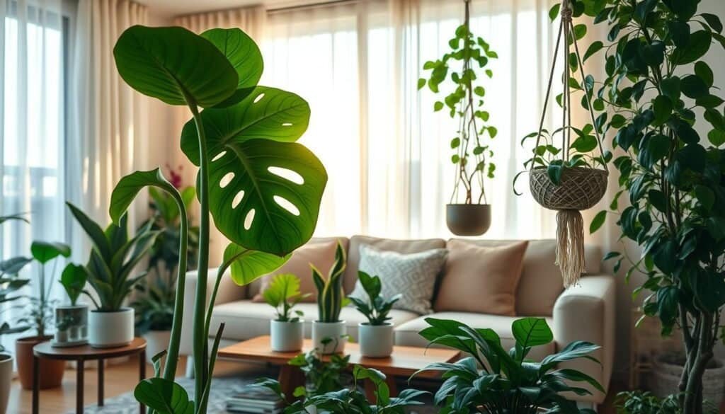 A cozy living room filled with various indoor plants, including a tall, leafy fiddle leaf fig in the foreground, sleek snake plants in stylish pots on a wooden side table, and a cascading pothos hanging in a macrame holder. In the middle ground, a soft, plush sofa with neutral tones harmonizes with the green hues of the foliage. The background features a large window draped with sheer curtains, allowing warm, natural light to flood in, creating inviting shadows across the space. The atmosphere is serene and refreshing, highlighting a blend of modern decor with nature. The scene is captured from a slightly elevated angle, emphasizing the arrangement of plants and their interaction with the living space.