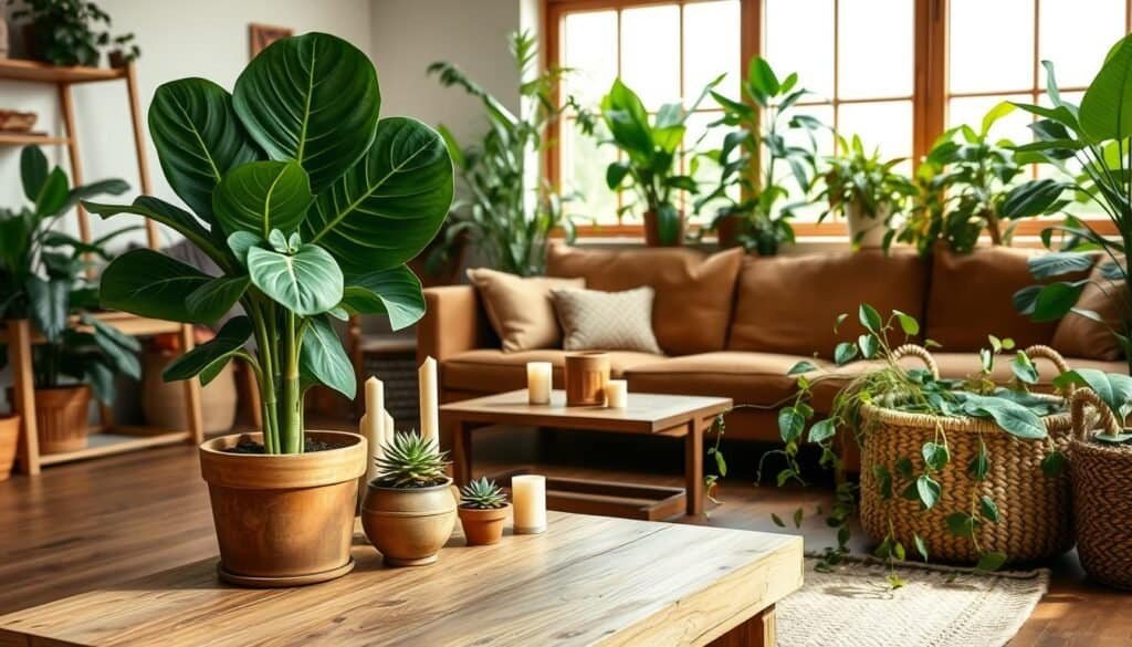 A cozy living room filled with vibrant indoor plants seamlessly integrated with natural wood elements. In the foreground, a large potted fiddle leaf fig stands beside a rustic coffee table made of reclaimed wood, adorned with a few small succulents and candles. In the middle ground, a comfortable sectional sofa in earthy tones complements the greenery, while a woven basket filled with a trailing pothos plant adds texture. The background features a large window with soft daylight streaming in, illuminating the space and casting gentle shadows. The atmosphere is warm and inviting, embodying a serene connection to nature. The room is meticulously styled without any clutter, highlighting the harmony between plants and wooden décor elements.