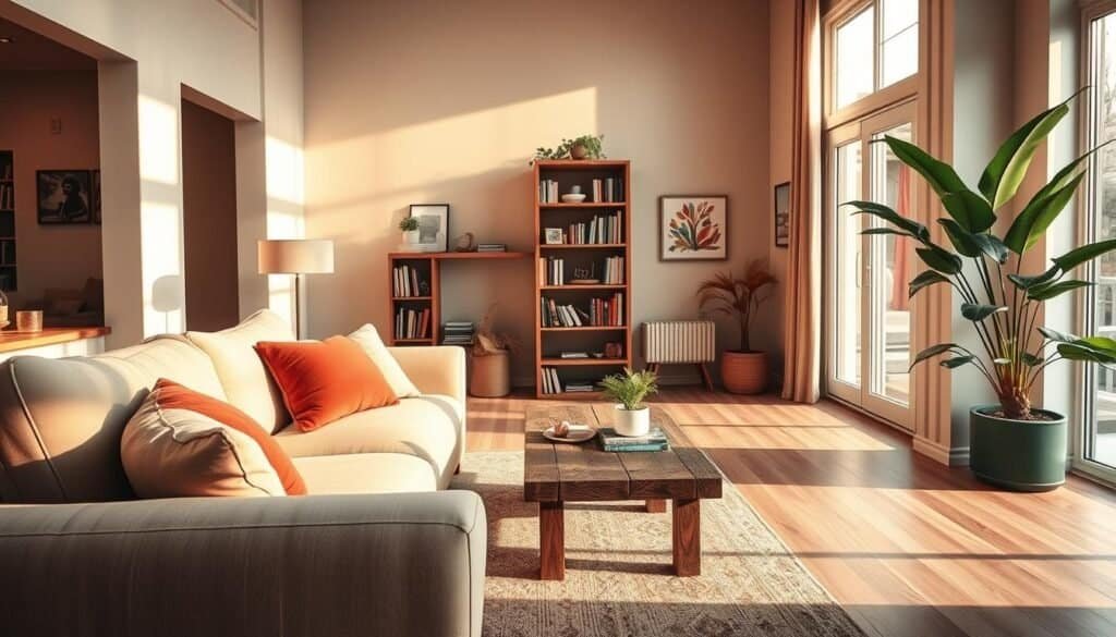 A cozy living room interior design, featuring a warm color palette of soft browns and creams. In the foreground, a plush, beige sofa adorned with colorful cushions invites relaxation, while a rustic wooden coffee table holds a few stylish decor items like a candle and small potted plants. The middle ground showcases a narrow bookshelf filled with books and personal mementos, adding personality to the space. To the right, large windows let in soft, golden afternoon light, casting gentle shadows on the hardwood floor, creating a warm ambiance. In the background, subtle wall art and a leafy indoor plant bring a touch of nature indoors. The overall atmosphere is inviting and revitalizing, perfect for rejuvenating a flat-feeling room.