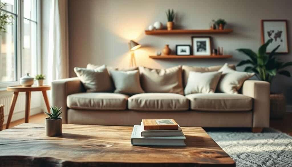 A cozy living room scene featuring budget-friendly wooden accents that create a warm and inviting atmosphere. In the foreground, a rustic wooden coffee table showcases a few decorative items, such as a small potted plant and a stack of books. The middle area displays a plush, neutral-colored sofa adorned with soft pillows, paired with a wooden accent lamp casting a gentle glow. The backdrop features a wall with wooden shelves displaying tasteful decor and a framed picture, enhancing the rustic charm. The lighting is soft and natural, suggesting an early evening sunbeam filtering through a window, enriching the warm tones of the wood. The overall mood is serene and homely, perfect for illustrating the impact of small wooden elements on room coziness.