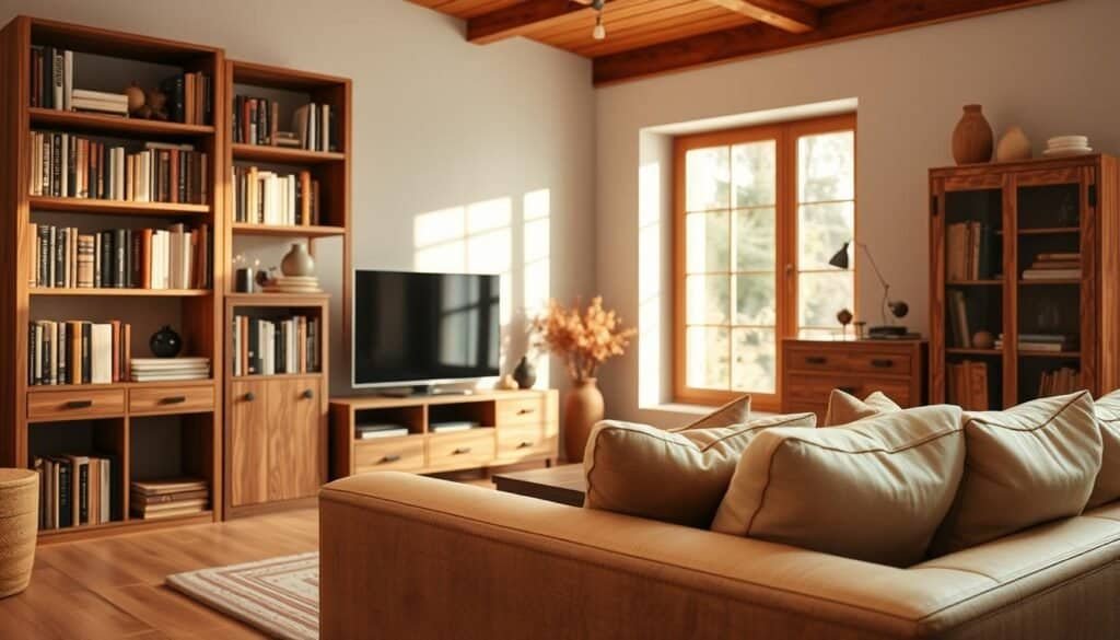 A cozy living room scene featuring elegant wooden storage solutions, including a stylish bookcase filled with neatly arranged books, a chic TV stand with a minimalist design, and a rustic cabinet displaying decorative items. The foreground highlights the warm textures and grains of the wood, while the middle ground includes a soft, inviting sofa and accent pillows in earthy tones. The background showcases a softly lit window with natural light streaming in, enhancing the inviting atmosphere. The entire scene is captured with a warm color palette, using a soft focus lens to create a gentle, homey ambiance. No people are present, allowing the focus to remain on the beautiful wooden elements that add coziness to the living space.
