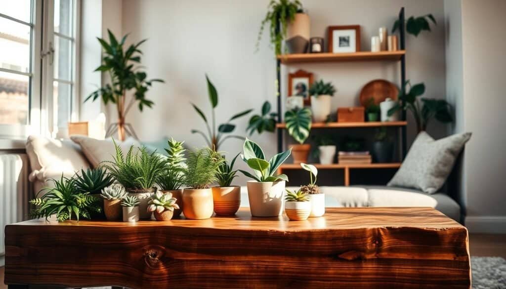 A cozy living room scene showcasing a stylish budget-friendly plant display. In the foreground, a rustic wooden coffee table adorned with potted plants of various sizes, such as succulents, ferns, and a small peace lily, creating a lush contrast against the natural wood texture. The middle ground features a wooden shelving unit displaying more greenery, complemented by wooden décor items like picture frames and candles. Soft, warm daylight filters through a nearby window, casting gentle shadows and highlighting the earth tones of the wood. In the background, a neutral-colored wall creates a calm atmosphere, enhancing the inviting feel of the space. The overall mood is warm and welcoming, perfect for inspiring home décor ideas.