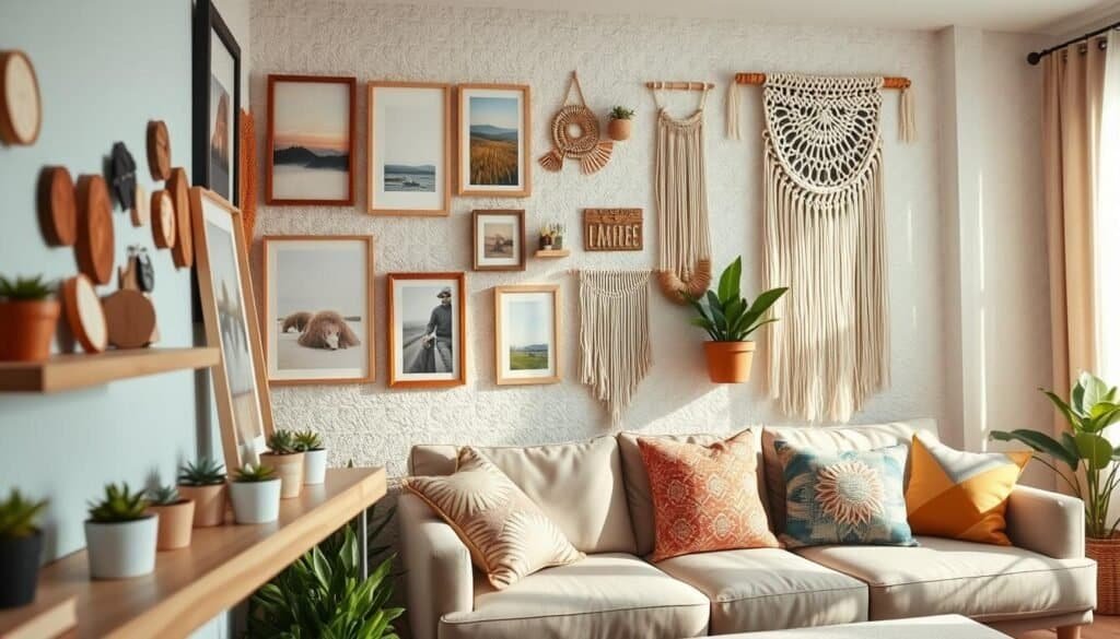 A cozy living room scene showcasing affordable wall decor ideas. In the foreground, a wooden shelf adorned with handmade crafts and small potted plants. The middle features a textured wall with a mix of framed artwork including abstract prints, family photos, and DIY wall hangings made from natural materials. A macramé wall hanging adds a bohemian touch. The background includes a neutral-colored sofa with colorful throw pillows, softly illuminated by natural sunlight streaming through a nearby window. The mood is warm and inviting, emphasizing creativity and comfort in home decor. The composition is shot with a 50mm lens from a slightly elevated angle to capture depth and detail, with a focus on the wall decor elements without any text or distractions.
