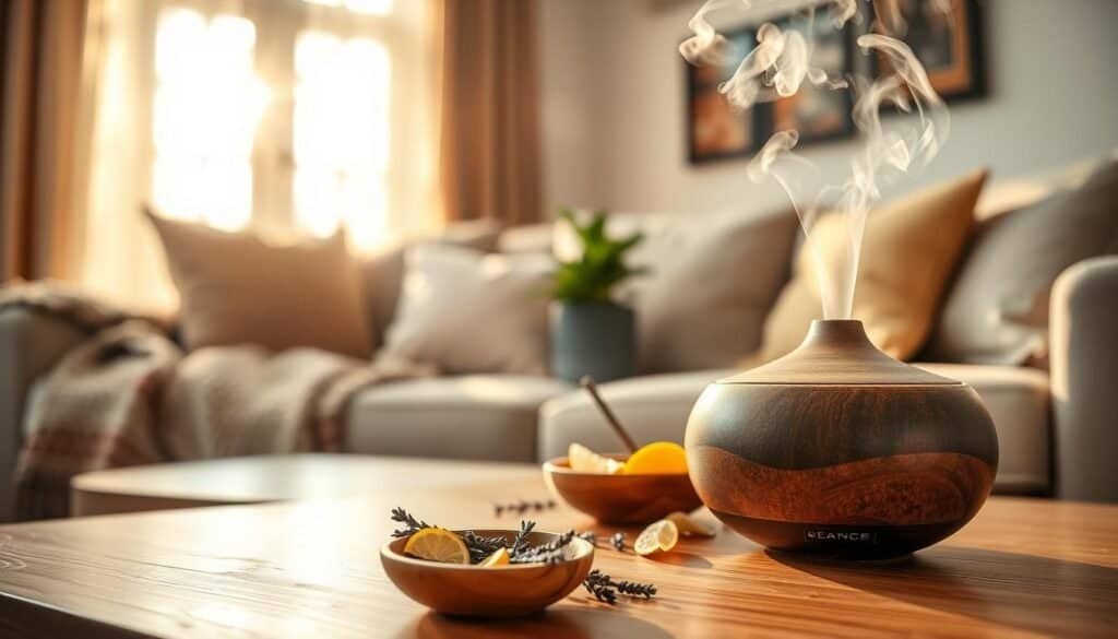 A cozy living room scene showcasing natural scents to enhance ambiance. In the foreground, a beautifully arranged coffee table features a small wooden bowl filled with dried lavender and citrus peels. A ceramic diffuser gently releases wisps of steam, hinting at a calming essential oil blend. In the middle, a plush couch with soft, earth-toned cushions and a woven throw blanket invites relaxation. A potted plant adds a touch of greenery, symbolizing freshness. The background reveals a sunlit window with sheer curtains, allowing warm, golden light to filter in and create an uplifting atmosphere. The overall mood is serene and inviting, ideal for a tranquil home setting. Use a soft focus lens with a shallow depth of field to emphasize the natural elements and textures, evoking a refreshing sensory experience.