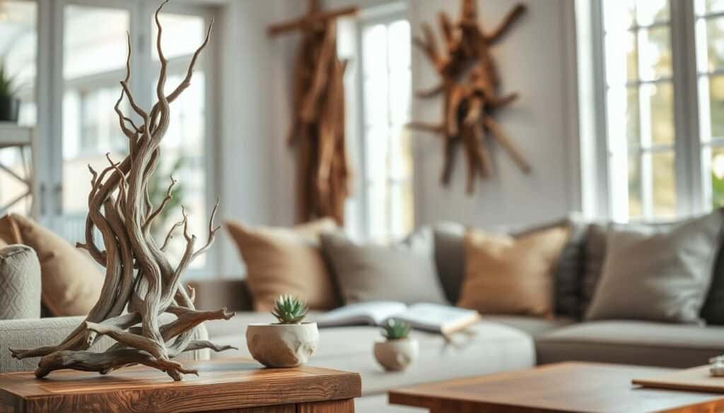 A cozy living room setting featuring beautifully arranged branch and driftwood creations as decorative art. In the foreground, showcase a handcrafted driftwood sculpture next to a rustic wooden side table, adorned with small succulents in natural stone pots. In the middle, display a unique wall hanging made from intertwined branches and driftwood, enhancing the organic feel of the space. The background reveals a softly lit room with large windows letting in warm, natural light, casting gentle shadows. The mood is serene and inviting, perfect for a comfortable home. Use a shallow depth of field to emphasize the details of the wood textures while keeping the overall composition harmonious and aesthetically pleasing. The image should evoke a sense of nature indoors, without any text, logos, or distractions.