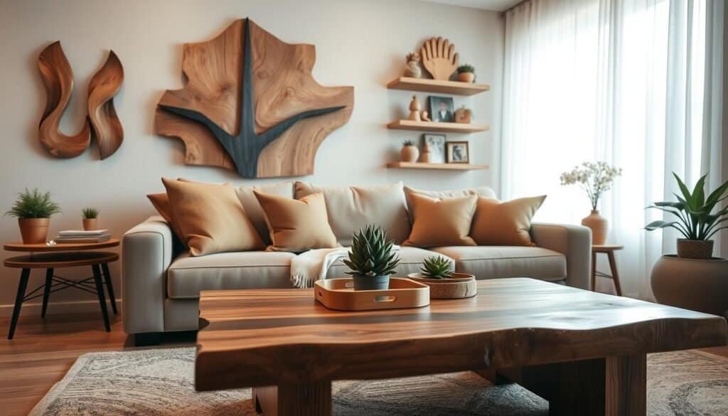 A cozy living room setting showcasing various wooden decor ideas. In the foreground, a stylish coffee table made of reclaimed wood, adorned with a small potted succulent and a decorative wooden tray. The middle features a plush, neutral-toned sofa with wooden accent pillows, creating a warm, inviting atmosphere. On the walls, elegant wooden wall art and floating shelves displaying rustic wooden decor pieces, such as handcrafted figurines and framed photos. The background includes a well-lit window with sheer curtains, allowing soft, natural light to flood the room, emphasizing the textures of the wood. The overall mood is serene and homely, ideal for enhancing any space with gentle wood accents. The image is captured using a warm color palette and a slightly blurred background to highlight the decor elements without distractions.