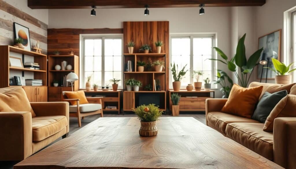 A cozy living room setting showcasing various wooden elements in diverse styles, including rustic, modern, and Scandinavian design. In the foreground, a beautifully crafted wooden coffee table with intricate grain patterns, surrounded by plush seating featuring warm, earthy tones. The middle section includes a stylish wooden bookshelf filled with decor items and plants, while a stunning wooden accent wall adds depth to the room. Soft, natural light filters through large windows, creating a warm and inviting atmosphere. The background features vibrant green plants and art pieces that enhance the overall aesthetic. Captured with a shallow depth of field using a 50mm lens for a realistic feeling, the image exudes warmth and charm, perfect for a contemporary living space.