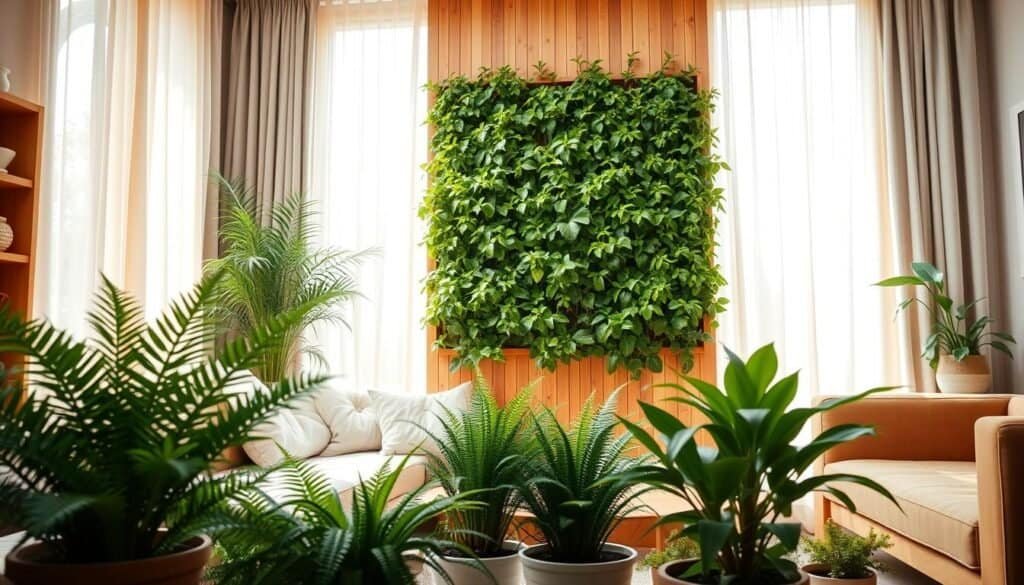A cozy living room showcasing a stunning vertical garden that harmonizes with the space. In the foreground, potted plants in various sizes, including ferns and succulents, create a lush ambiance. The middle ground features a beautifully arranged vertical garden climbing a wooden wall, with vibrant green leaves bursting with life. The background includes soft, airy drapery allowing warm, diffused sunlight to filter through, illuminating the room. Natural wood furniture complements the greenery, enhancing the balanced atmosphere. The scene exudes tranquility and freshness, inviting viewers to immerse themselves in a serene and inviting space. Capture with a wide-angle lens, emphasizing depth and the interplay of shadows and light for an overall harmonious effect.