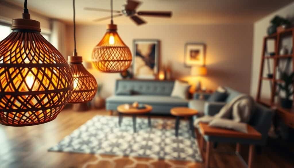 A cozy living room showcasing beautiful wooden lighting fixtures that emit a warm, ambient glow. In the foreground, focus on intricately designed pendant lights made from natural wood, featuring soft, diffused light. In the middle, a stylish wooden floor with a patterned area rug complements the fixtures, adding texture. In the background, soft, fall-colored walls adorned with minimalistic artwork enhance the inviting atmosphere. The room is warmly lit with gentle, golden tones, creating a serene and welcoming mood. Utilize a shallow depth of field to emphasize the lighting fixtures while softly blurring the background, and capture the scene from a slightly elevated angle to provide depth and dimension. The overall ambiance exudes comfort and warmth, perfect for a homey feel.