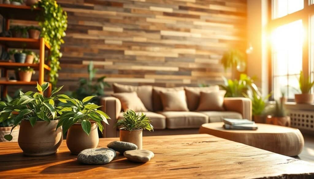A cozy living room showcasing biophilic design elements. In the foreground, a wooden coffee table adorned with potted plants and natural stones. Lush green plants cascade from shelves, creating a sense of tranquility. In the middle ground, a comfortable sofa with earthy tones sits beneath large, sunlit windows, allowing warm, golden light to filter in and create a welcoming atmosphere. The background features a wall of reclaimed wood, accentuating the connection to nature. Subtle textures and natural materials are prevalent, such as woven textiles and clay planters. The overall mood is serene and inviting, perfect for relaxation and nurturing well-being, captured with a soft focus lens to enhance the warm, soothing vibe.