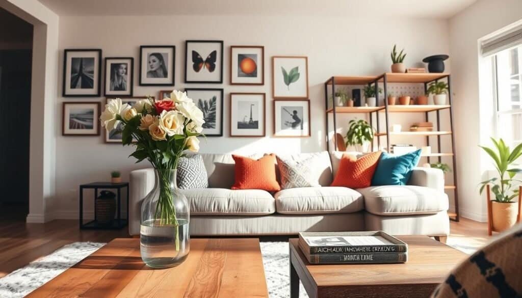A cozy living room showcasing low-budget home updates that exude an expensive feel. In the foreground, a stylish, upcycled coffee table made from reclaimed wood, embellished with a modern vase filled with fresh flowers. The middle features a well-arranged gallery wall with affordable art prints in elegant frames, and a plush, neutral-toned sofa accented with vibrant, budget-friendly throw pillows. In the background, natural light streams in through a large window, illuminating simple yet chic DIY shelving filled with indoor plants and decorative items. The scene captures a warm, inviting atmosphere, with soft shadows creating depth, and a slight tilt-angle perspective that offers a dynamic view of the space.