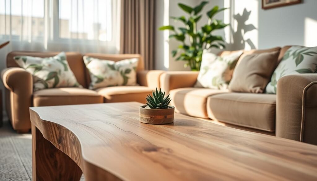 A cozy living room showcasing the harmony of natural elements in home decor. In the foreground, a beautifully crafted wooden coffee table with a smooth finish, adorned with a small succulent in a rustic pot, highlights the warmth of natural wood. The middle ground features a plush, earth-toned sofa with botanical-patterned cushions, complemented by a tall leafy plant in a corner, radiating freshness. In the background, soft sunlight filters through sheer curtains, casting gentle shadows and illuminating the space with a warm, inviting glow. A neutral color palette enhances the serene atmosphere, emphasizing a tranquil, refreshing environment filled with natural textures. Shot at a slight angle to capture depth, evoking a sense of calm and comfort.
