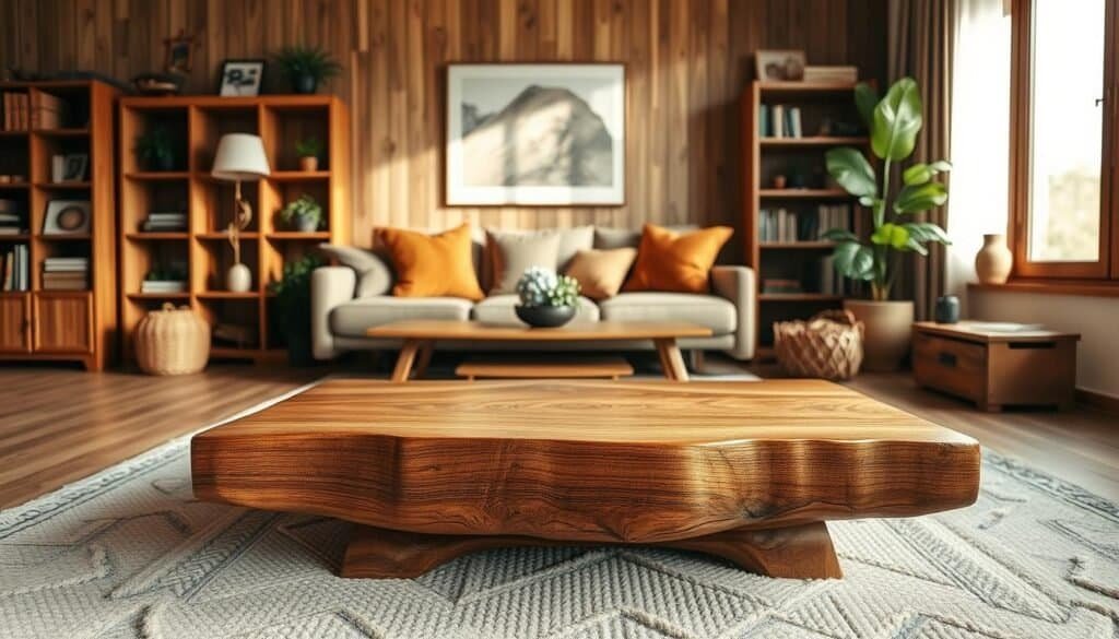 A cozy living room showcasing the warmth of wood in interior design. In the foreground, a beautifully crafted wooden coffee table with intricate grain patterns sits atop a soft, textured rug. In the middle, a comfortable sofa adorned with earthy-toned cushions complements the wooden elements, creating an inviting atmosphere. A wooden bookshelf filled with books and decorative items adds depth to the space, while a potted plant brings a touch of greenery. In the background, soft, natural light floods through a large window, enhancing the rich hues of the wood. The scene is framed in a wide-angle view, capturing the harmonious balance between warmth and modern design. The overall mood is tranquil and inviting, encouraging a sense of comfort and well-being.