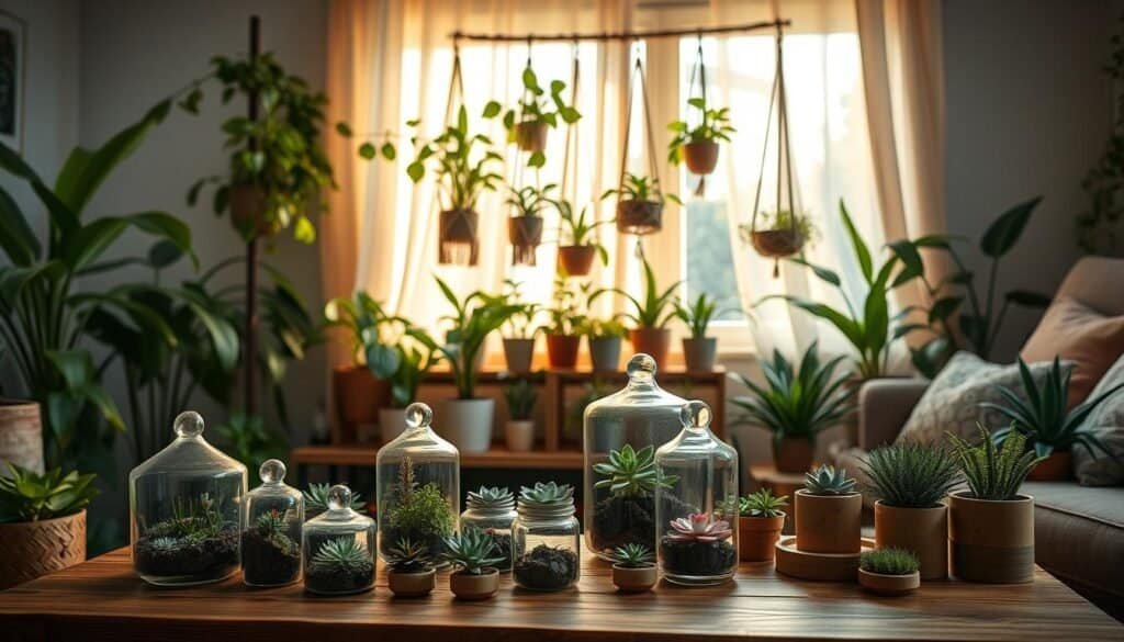 A cozy living space adorned with plant-themed DIY decor, featuring a wooden table in the foreground laden with handcrafted terrariums and potted succulents. In the middle, a well-organized shelf displays an assortment of vibrant, leafy plants and artisanal plant hangers made from natural materials. The background features a warm, softly-lit window adorned with sheer curtains, illuminating the lush greenery indoors. The atmosphere is inviting and tranquil, with a focus on earthy tones and textures, combining rustic charm with modern artistry. Lighting should be natural and warm, simulating an afternoon glow, with a shallow depth of field to emphasize the intricate details of the decor items. The overall mood evokes a sense of serenity and creativity, perfect for a nature-inspired home.