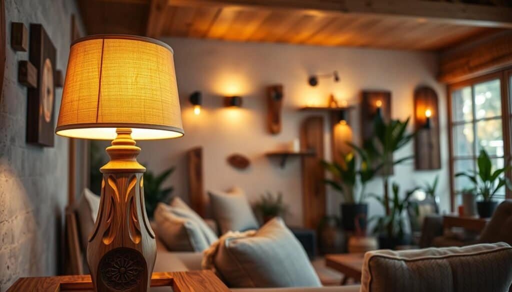 A cozy living space featuring an array of handmade wooden lighting solutions. In the foreground, a beautifully crafted wooden table lamp made of rich oak, showcasing intricate carvings and a soft, warm glow emanating from its fabric shade. In the middle ground, various wall sconces made of reclaimed wood, illuminating a textured wall with a gentle light. The background reveals a softly lit room with a natural wood ceiling and large windows, allowing golden sunlight to filter through, enhancing the warm atmosphere. The scene is styled with potted plants and textured fabrics, creating a harmonious and inviting space that resonates warmth and character. The overall mood is one of comfort and tranquility, suggesting a perfect blend of craftsmanship and homeliness.