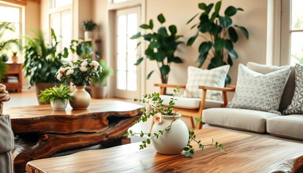 A cozy living space featuring beautifully crafted wooden furniture that complements various green plants. In the foreground, there is a rustic wooden coffee table adorned with a small potted fern and a handmade ceramic vase holding fresh flowers. The middle ground showcases a stylish wooden armchair with soft cushions, placed next to a tall indoor plant like a fiddle leaf fig. The background reveals a warm, sunlit room with light streaming in through large windows, creating a tranquil atmosphere. The scene is captured from a slightly elevated angle to emphasize the harmony between the furniture and plants. The overall mood is inviting and serene, perfect for a grounded, softer aesthetic.
