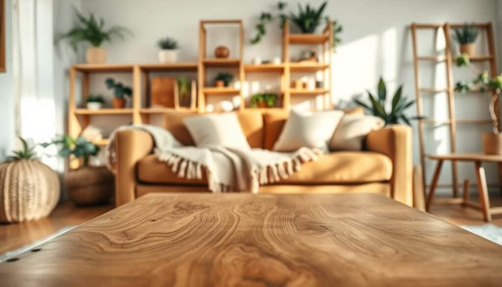 A cozy living space featuring natural wood décor, focusing on a beautifully crafted wooden coffee table with intricate grain patterns as the foreground element. In the middle ground, a warm-toned sofa adorned with soft, textured cushions and a woven throw blanket creates an inviting setting. The background showcases a softly lit room with wooden shelves filled with plants and artfully arranged decorative items. Gentle, natural light pours in through a large window, casting soft shadows and enhancing the warm tones. The atmosphere exudes comfort and tranquility, emphasizing the psychological warmth and connection that wood brings to home design. The image captures an inviting, serene home environment, showcasing the beauty of wood in a stylish yet accessible way.