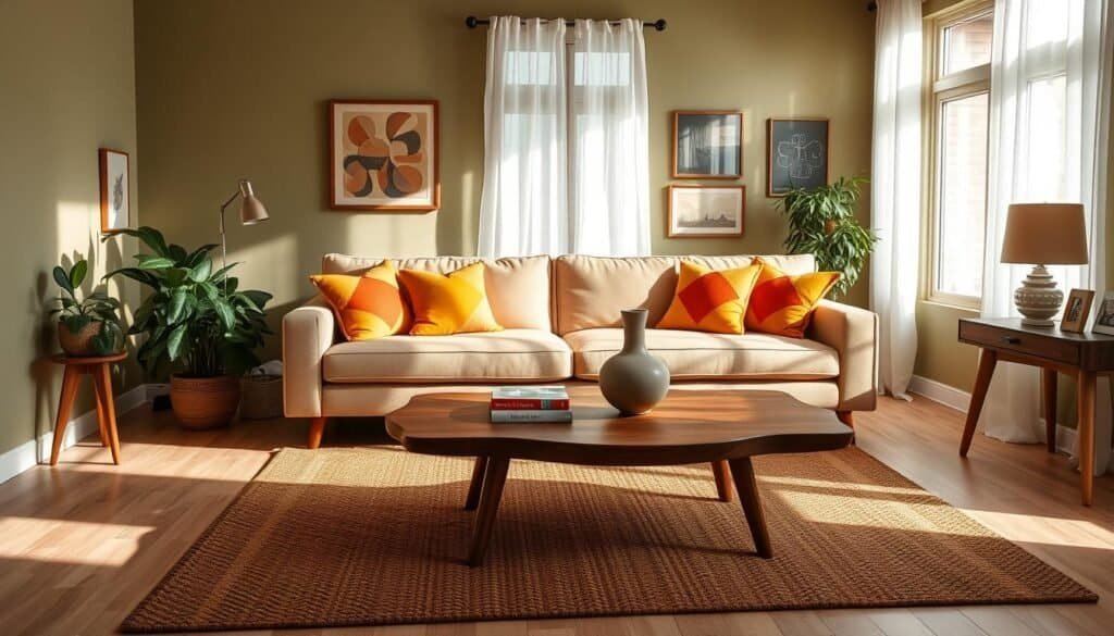 A cozy mid-century modern living room features warm earthy tones, with a plush beige sofa adorned with colorful geometric throw pillows in orange and mustard. A bubbling indoor plant in the corner adds vitality, while a beautifully crafted wooden coffee table sits centrally, displaying a few art books and a vintage ceramic vase. The walls are painted in a soft olive green, complemented by retro art pieces. Natural light flows through large windows draped with sheer white curtains, casting soft shadows across the room. A textured area rug anchors the seating area, with hints of warm browns and creams. The atmosphere is inviting and serene, evoking a sense of comfort and style, perfect for a home that delights the senses.