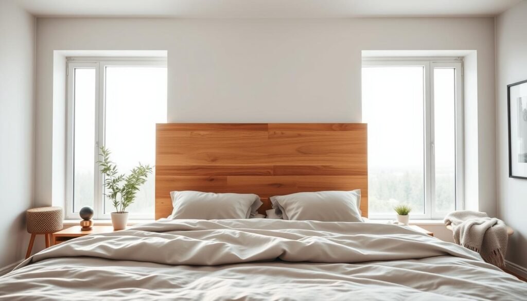 A cozy modern bedroom featuring a warm wooden headboard as the focal point. The headboard is crafted from rich oak with a sleek, minimalist design, showcasing its natural grain and texture. In the foreground, soft, luxurious bedding in muted tones complements the headboard, while plush pillows add comfort. In the middle ground, a stylish nightstand with a small potted plant and a contemporary lamp enhances the inviting atmosphere. In the background, large windows let in gentle, diffused sunlight, casting soft shadows across the room. The room is adorned with subtle decorative elements, such as a cozy throw and framed art, creating a serene and harmonious mood. The image captures a peaceful and refreshing ambiance, perfect for a bedroom setting. Realistic home décor and woodworking photos. No overlays, logos, watermarks, or promotional text. A cozy modern bedroom featuring a warm wooden headboard as the focal point. The headboard is crafted from rich oak with a sleek, minimalist design, showcasing its natural grain and texture. In the foreground, soft, luxurious bedding in muted tones complements the headboard, while plush pillows add comfort. In the middle ground, a stylish nightstand with a small potted plant and a contemporary lamp enhances the inviting atmosphere. In the background, large windows let in gentle, diffused sunlight, casting soft shadows across the room. The room is adorned with subtle decorative elements, such as a cozy throw and framed art, creating a serene and harmonious mood. The image captures a peaceful and refreshing ambiance, perfect for a bedroom setting. Realistic home décor and woodworking photos. No overlays, logos, watermarks, or promotional text.