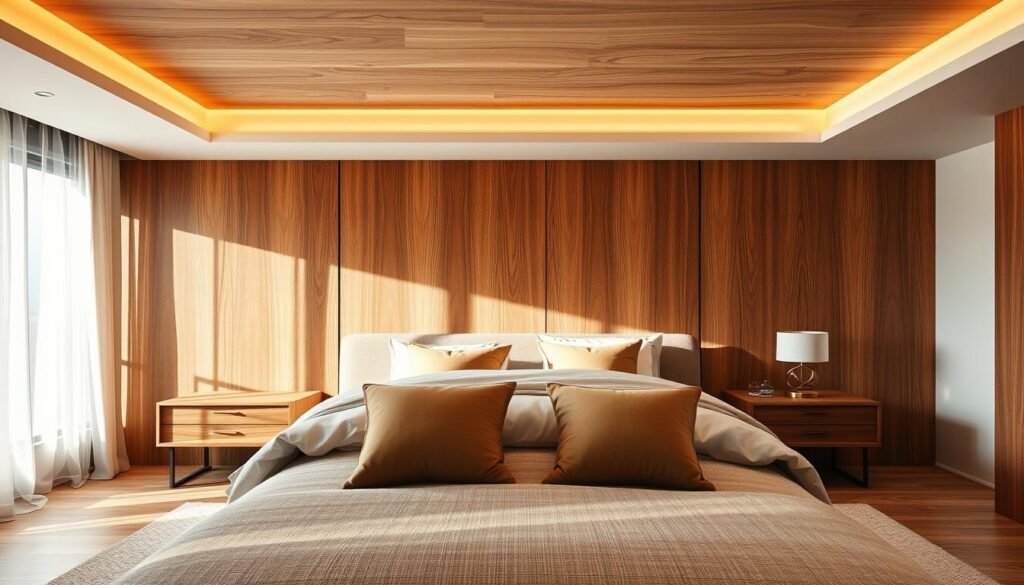 A cozy, modern bedroom featuring floor-to-ceiling wooden accents that evoke a warm and inviting atmosphere. The foreground includes a stylish bed with soft, neutral linens and accent pillows, flanked by elegant wooden nightstands. In the middle, the highlight is the stunning floor-to-ceiling wooden paneling behind the bed, showcasing rich textures and warm tones. Soft, ambient lighting fills the room, enhancing the natural wood grain. The background reveals a serene window with sheer curtains, allowing gentle sunlight to filter in. Ensure the overall ambiance is tranquil and rejuvenating, with a focus on the beauty of wood accents in a contemporary setting. No human subjects are present. Realistic home décor and woodworking photos. No overlays, logos, watermarks, or promotional text.