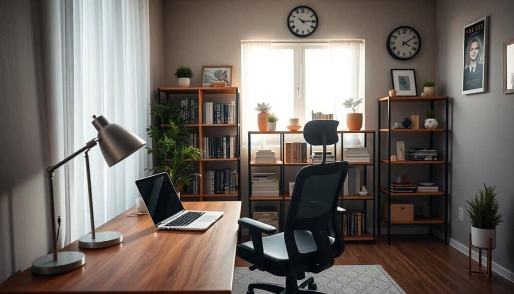 A cozy, modern home office setup in a small, well-lit space. In the foreground, a sleek wooden desk with a minimalist design holds a laptop, a stylish desk lamp, and a potted plant, reflecting a touch of greenery. On the desk, an ergonomic chair in a professional style faces a window with soft, natural light streaming through sheer curtains. The middle ground features a compact shelving unit filled with neatly organized books and decorative items, showcasing smart storage solutions. In the background, a calm, neutral wall color enhances the feeling of spaciousness, framed by a decorative wall clock and art pieces. The atmosphere is inviting yet professional, exuding a sense of productivity and tranquility. The angle captures an inviting view of the workspace, emphasizing the clever use of vertical space and light.