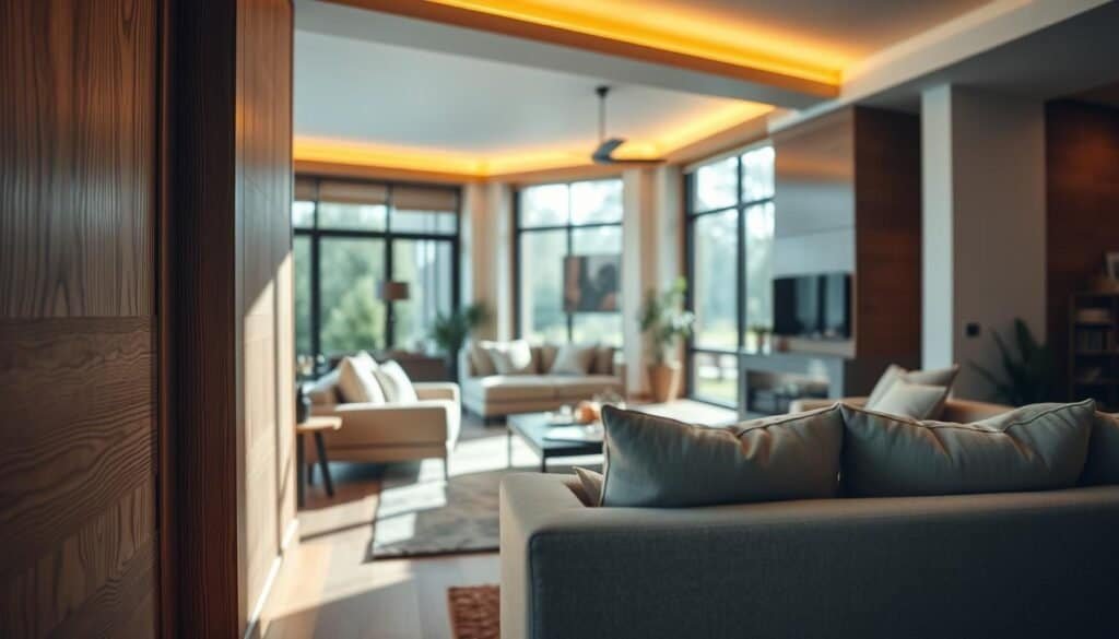 A cozy, modern interior featuring an elegant wooden wall accent that softens the room's sharp angles. In the foreground, a warm-toned wooden accent wall showcases intricate details, like natural grain patterns and subtle variations in color. In the middle, a stylish, low-profile furniture arrangement complements the wooden feature, with plush cushions and soft fabric textures to enhance the inviting atmosphere. The background highlights a softly lit ambient space with large windows allowing natural sunlight to filter through, creating gentle shadows that play on the surfaces. The scene evokes a sense of warmth and tranquility, inviting viewers to imagine a serene home environment. The overall lighting is warm and inviting, captured from a slightly elevated angle to emphasize the wooden details and the harmonious blend of decor elements.