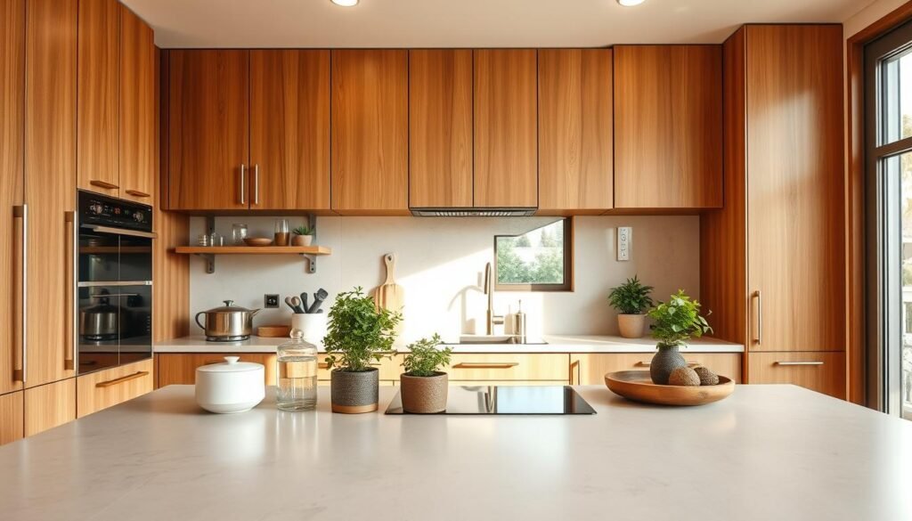 A cozy modern kitchen showcasing sleek, natural wood cabinets with clean lines and a warm finish. The foreground features a polished countertop with elegant kitchenware and potted herbs, while the middle showcases the spacious cabinetry, highlighting their texture and natural grain. The background includes a softly lit window allowing natural light to filter in, enhancing the inviting atmosphere. Use warm, soft lighting to create a welcoming and homely feel, captured from a slightly elevated angle resembling a professional interior photography perspective. The overall mood conveys a harmonious blend of functionality and aesthetics, emphasizing a contemporary yet earthy design. Realistic home décor and woodworking photos. No overlays, logos, watermarks, or promotional text.