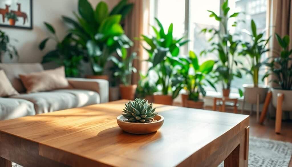 A cozy, modern living room featuring an array of lush indoor plants enhancing the interior design. In the foreground, a beautifully crafted wooden coffee table with a natural finish holds a small succulent arrangement. In the middle, tall, leafy potted plants such as a fiddle leaf fig and snake plant create a refreshing green atmosphere, while hints of natural wood details on the furniture harmonize the space. The background reveals a softly illuminated large window, allowing natural light to flood the room and cast gentle shadows, creating a serene ambiance. The scene is captured with a shallow depth of field to emphasize the plants, while a warm color palette conveys a welcoming and invigorating mood.