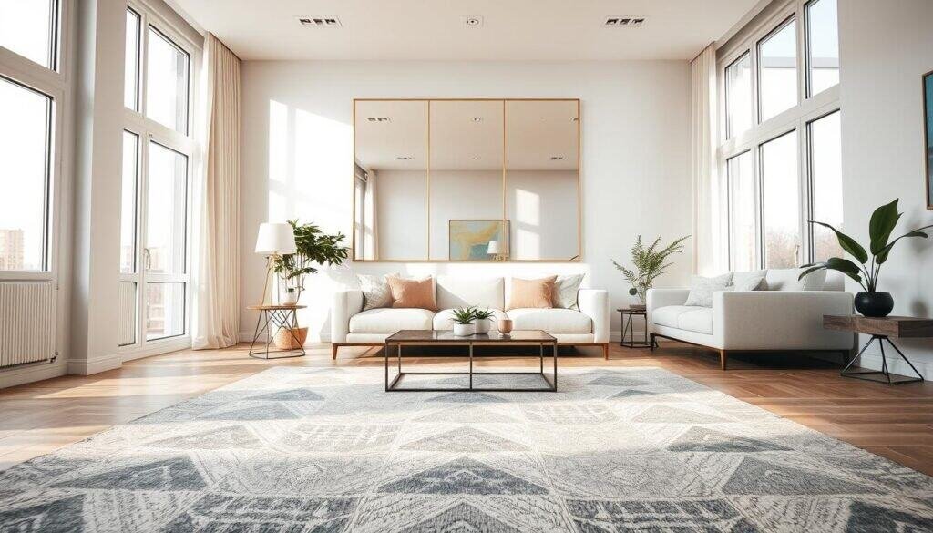 A cozy, modern living room showcasing optical illusions in interior design to expand visual space. In the foreground, a stylish area rug with geometric patterns creates a sense of depth. The middle features a wall with a large, cleverly arranged mirror that reflects light and visually extends the room, surrounded by minimalist furniture in soft, neutral tones. The background includes expansive windows allowing natural sunlight to flood in, enhancing the airy atmosphere. Utilize soft, diffused lighting to create warmth and comfort. The angle should be slightly elevated, capturing the interplay of light and patterns, emphasizing a chic and inviting setting that optimally illustrates design tricks for small spaces.