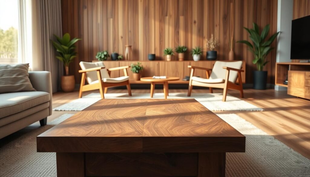 A cozy, modern living room showcasing the transformative power of wood in home design. In the foreground, a handcrafted wooden coffee table made from rich, dark walnut with intricate grain patterns. In the middle ground, a pair of stylish, minimalist chairs with warm wood frames, complemented by a soft, textured rug. The background features a large window allowing natural light to flood the space, illuminating a wooden accent wall decorated with indoor plants. The overall ambiance is serene and inviting, with soft shadows creating a warm atmosphere. Use a natural color palette of earthy tones and soft whites. Capture from a slightly elevated angle to emphasize depth and comfort, highlighting the harmonious blend of wood elements in a contemporary interior design.