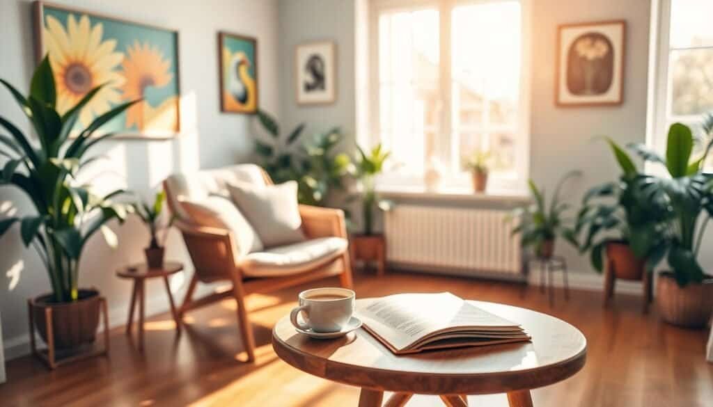 A cozy motivation corner in a sunlit home, showcasing a comfortable reading chair with soft cushions, surrounded by lush indoor plants and vibrant artwork on the walls. In the foreground, a stylish wooden side table holds a steaming cup of coffee and a motivational book. In the middle, a large window allows warm, natural light to flood in, casting gentle shadows on the hardwood floor. The background features a calming color palette of soft blues and greens, enhancing the atmosphere of tranquility and inspiration. The scene evokes a sense of peace and focus, perfect for encouraging creativity and motivation, with a depth of field that softly blurs the background while keeping the chair and side table in sharp focus. Include no people in the scene, ensuring the focus remains on the inviting environment.
