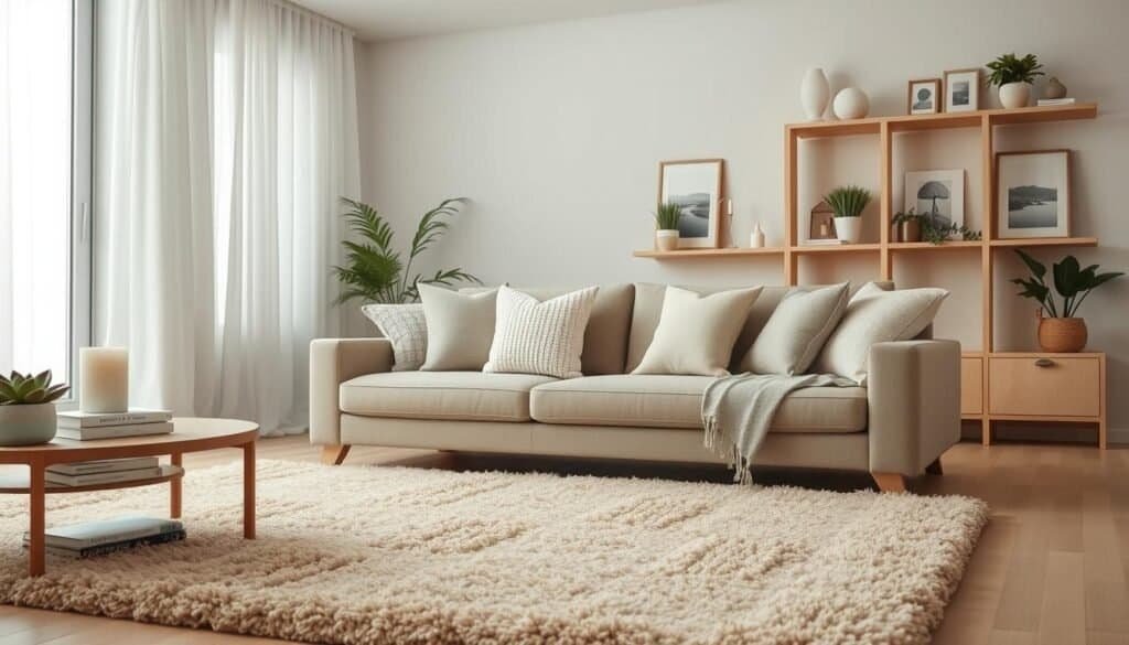 A cozy neutral living room that exudes tranquility and comfort. In the foreground, a soft, plush area rug in warm beige anchors the space. A low-profile, taupe sectional sofa is adorned with an array of textured throw pillows in ivory and soft grey. To the left, a small wooden coffee table displays a few minimalist decor items – a candle, a succulent in a ceramic pot, and a stack of art books. In the middle, a large window lets in soft, natural light, filtering through sheer white curtains. In the background, light wooden shelves are lined with neutral-toned decor and potted plants, while a few framed landscape photos add a touch of artfulness. The atmosphere is serene and inviting, perfect for relaxation and rejuvenation. The image captures a slightly elevated angle to highlight the spaciousness and inviting ambiance of the room.