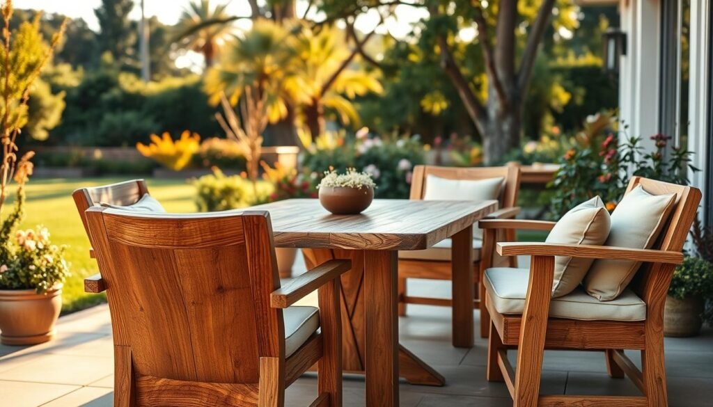 A cozy outdoor scene showcasing a beautifully crafted wooden table and matching chairs set on a spacious patio. In the foreground, the rustic wood furniture features intricate grain patterns and a warm finish, adorned with soft, inviting cushions in neutral tones. The middle ground highlights potted plants and flowering shrubs that enhance the natural setting, further enriching the scene with vibrant colors. The background showcases a lush garden with tall trees gently swaying in a light breeze, bathed in golden, soft afternoon sunlight that casts delicate shadows across the furniture. The angle captures both the table and chairs, inviting viewers to imagine gathering with friends. The overall mood is serene and inviting, evoking a sense of tranquility and connection to nature.