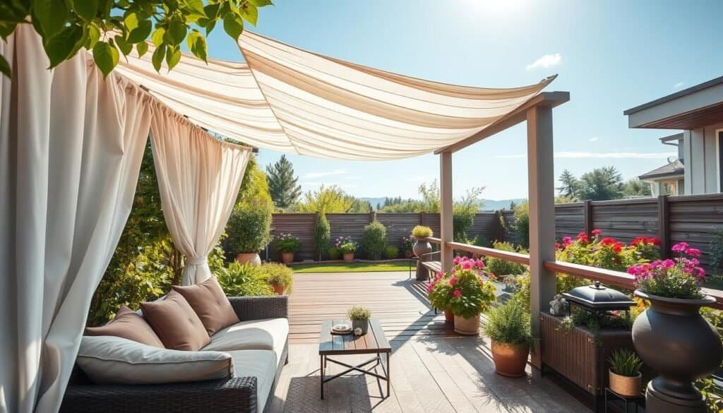 A cozy outdoor space equipped with high-quality weather protection features, such as a stylish, modern pergola draped with sheer white fabric and surrounded by lush greenery. In the foreground, a chic, comfortable seating area with soft cushions in earthy tones and a small coffee table, inviting relaxation. The middle ground showcases a beautifully designed deck with wooden flooring, complemented by potted plants and decorative elements that enhance the tranquil atmosphere. In the background, a serene garden with colorful flowers under a bright blue sky, filtered sunlight casting gentle shadows. The scene should evoke a calm, inviting mood, illuminated by warm, soft sunlight. Capture the essence of an outdoor sanctuary where one can enjoy their space in any weather condition, viewed from a slightly elevated angle to encompass the full layout.