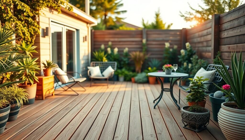 A cozy outdoor space featuring a small, stylish wooden decking area designed for relaxation. In the foreground, showcase a beautifully arranged wooden deck with rich textures, light brown and honey hues, set with contemporary outdoor furniture like a bistro table and chairs, adorned with soft cushions. In the middle ground, lush greenery surrounds the decking, including potted plants and colorful flowers, enhancing the inviting atmosphere. In the background, a softly blurred garden setting with a hint of a warm sunset casts a golden light, creating a tranquil mood. The scene captures a serene outdoor retreat where one can enjoy fresh air, blending modern design with natural elements, shot with a wide-angle lens for an immersive perspective.