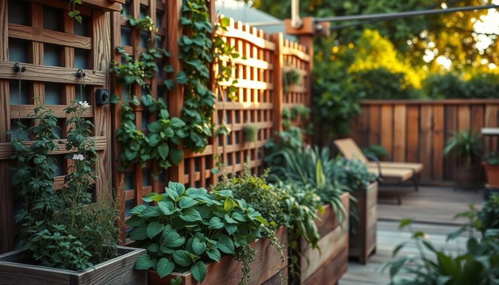 A cozy outdoor space featuring an array of vertical wooden garden elements, seamlessly integrated into a small patio. In the foreground, vibrant greenery spills from rustic wooden planters, showcasing a variety of herbs and flowering plants. The middle ground highlights an attractive wooden trellis adorned with climbing vines, creating a natural privacy screen. In the background, softly lit by golden hour sunlight, a wooden deck contrasts with lush foliage. The scene conveys tranquility and freshness, inviting viewers to imagine a serene outdoor retreat. The overall atmosphere is warm and inviting, with a focus on natural textures and harmonious colors. Capture this scene with a slight depth of field effect, emphasizing the details of the plants and woodwork while softly blurring the background for added depth.