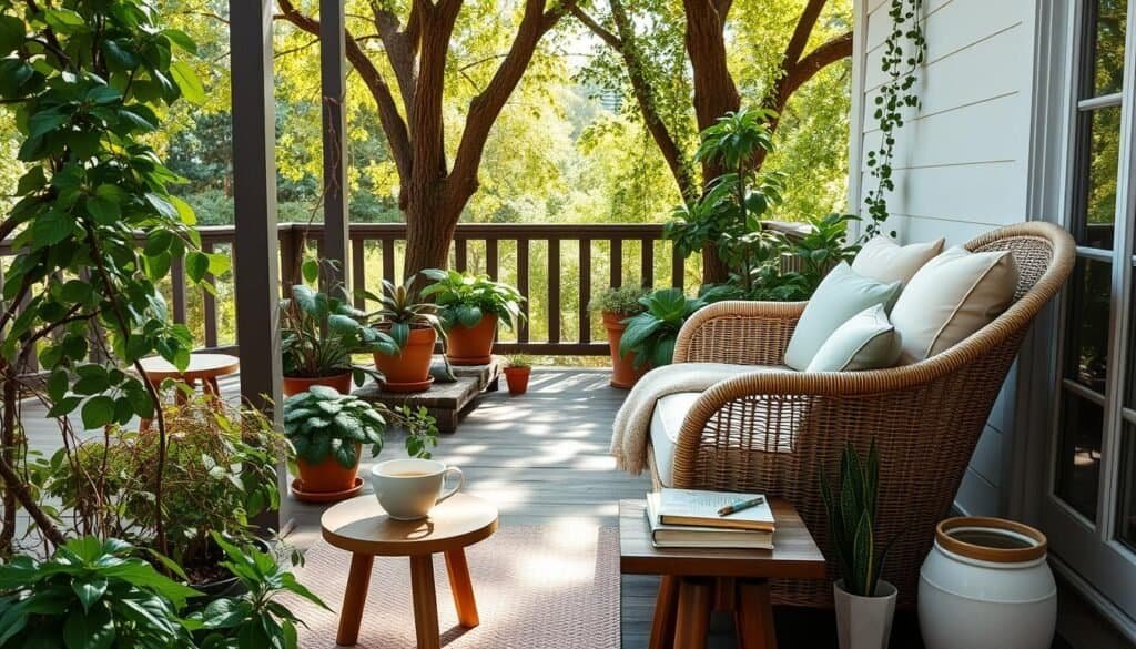 A cozy outdoor space nestled in a quiet corner, featuring a comfortable rattan lounge chair with soft, pastel cushions. In the foreground, a small wooden side table holds a steaming cup of herbal tea and a few books. Surrounding the seating area, lush greenery with vibrant potted plants and trailing vines create a serene atmosphere. The middle ground displays a rustic wooden deck with a woven rug that adds warmth to the scene. In the background, gentle sunlight filters through the leaves of nearby trees, casting soft, dappled shadows. The scene is well-lit with bright natural light, conveying a calm and inviting mood, perfect for relaxation and quiet reflection.