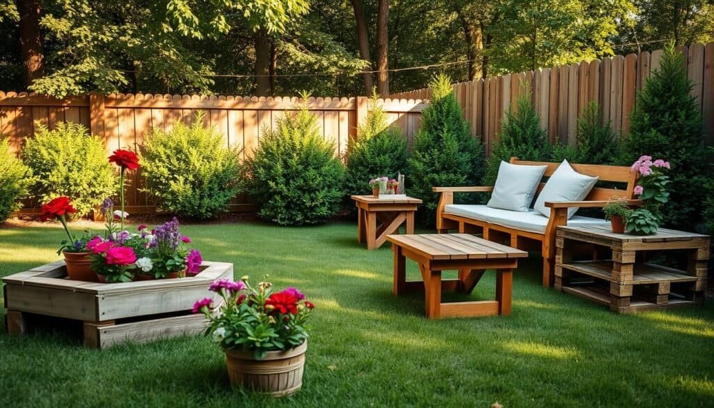 A cozy outdoor yard scene showcasing various upcycled wood projects made from pallets, like a rustic bench, flower planter, and small wooden table, arranged artfully on a grassy lawn. The foreground features vibrant flowers in the planters, while the middle ground displays the wooden bench adorned with soft cushions. In the background, a fence made of reclaimed wood and lush green shrubs create a serene atmosphere. Soft, warm sunlight filters through leafy trees, casting gentle shadows, enhancing the inviting mood of the space. The image should be shot with a wide-angle lens, capturing the entire scene in an inviting, homey style, filled with warmth and creativity, embodying the spirit of DIY outdoor decor.