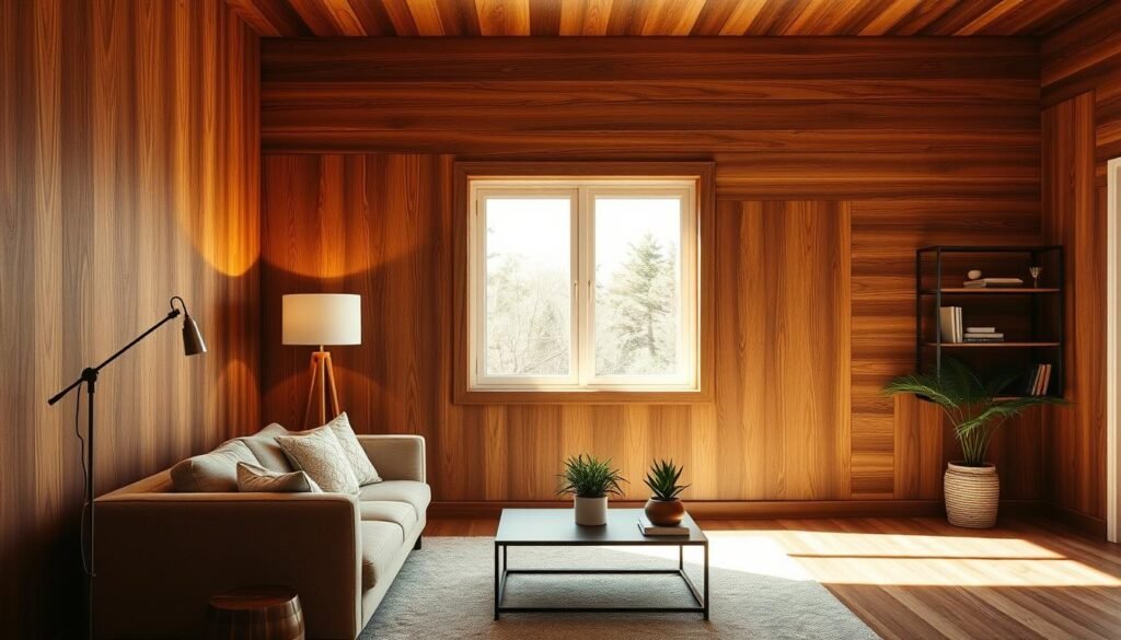 A cozy room featuring a stunning wooden accent wall, showcasing rich, natural wood grains in warm tones. In the foreground, a stylishly arranged seating area with a plush sofa decorated with soft cushions, an elegant coffee table adorned with plants, and a minimalist lamp providing soft ambient lighting. The middle ground offers a large, airy window allowing natural light to flood the space, casting gentle shadows that enhance the warmth of the wooden texture. In the background, a subtle decorative shelf displays curated items, adding personality without overcrowding the scene. The angle captures the depth of the room, emphasizing a welcoming and inviting atmosphere that transforms the empty space into a warm and stylish haven, encouraging viewers to visualize the calming effect of wooden accents in their own homes.